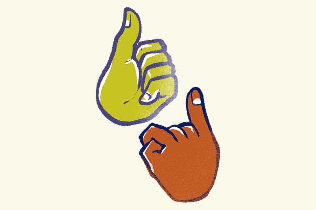 Ilustra&ccedil;&atilde;o, em fundo bege, de duas m&atilde;os fazendo os sinais do jogo Mushi-Ken.