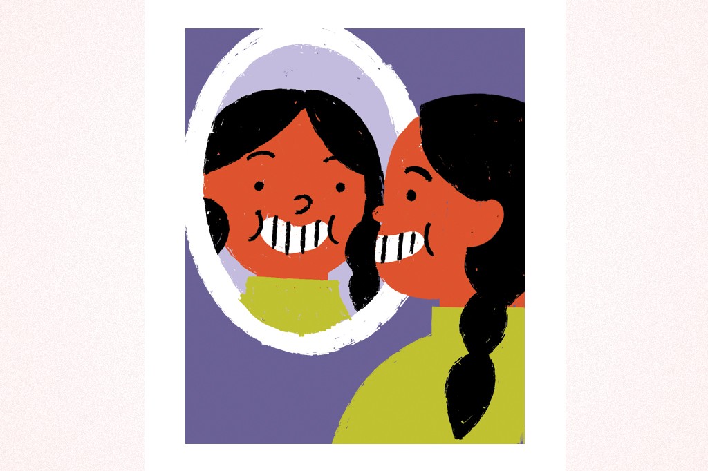 Ilustra&ccedil;&atilde;o, em fundo verde, de uma garota sorrindo enquanto se olha no espelho.