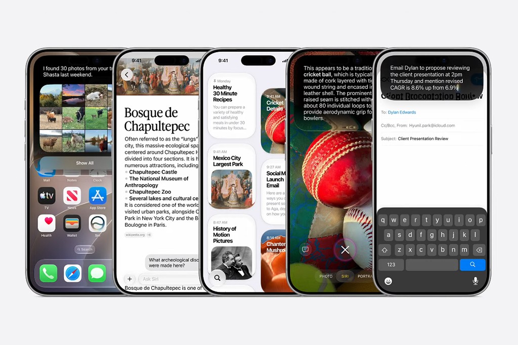 Cinco iPhones com telas exibindo diferentes aplicativos: galeria de fotos, artigo sobre o Bosque de Chapultepec, not&iacute;cias, detalhes de uma bola de cr&iacute;quete e um e-mail sendo redigido