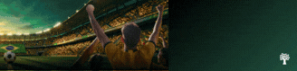 Torcedor de costas, vestindo camisa amarela, comemora com os braços erguidos em um estádio de futebol lotado, sob um céu verde-azulado. Uma bola de futebol com a bandeira do Brasil está no campo. À direita, um fundo verde escuro com um ícone de árvore branca no canto inferior.