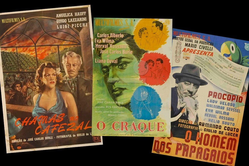 Tr&ecirc;s p&ocirc;steres de filmes antigos em estilo ilustra&ccedil;&atilde;o, produzidos pela Multifilmes S.A. O primeiro, 