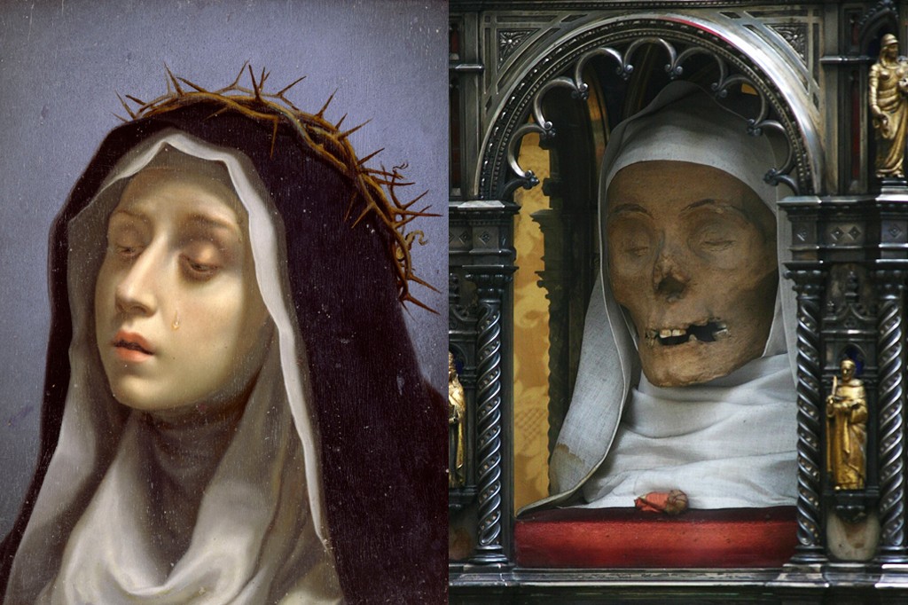 À esquerda, pintura de uma mulher com coroa de espinhos, olhos semi cerrados e uma lágrima escorrendo. À direita, a cabeça da mesma mulher, mas mumificada, exposta em um relicário ornamentado
