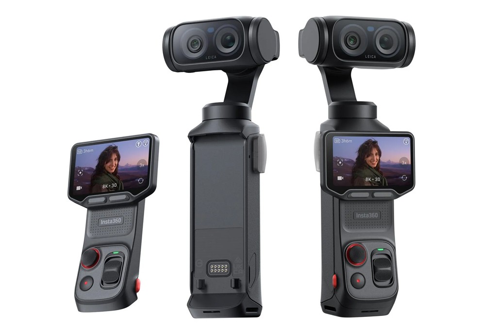 Tr&ecirc;s c&acirc;meras Insta360 Ace Pro, duas de frente e uma de costas, exibindo uma mulher sorrindo em paisagem montanhosa na tela, com resolu&ccedil;&atilde;o 8K 30fps e lentes Leica.