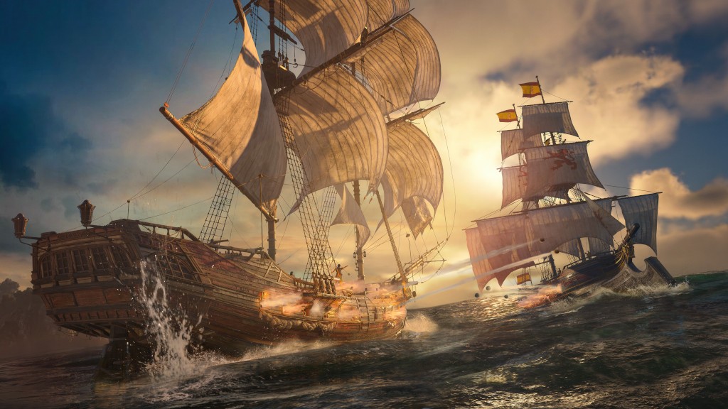 Dois navios antigos de madeira, com velas brancas e mastros altos, em combate no mar agitado. O navio &agrave; esquerda dispara canh&otilde;es, enquanto o da direita, com bandeiras espanholas, tamb&eacute;m atira. O c&eacute;u tem nuvens e um p&ocirc;r do sol dourado